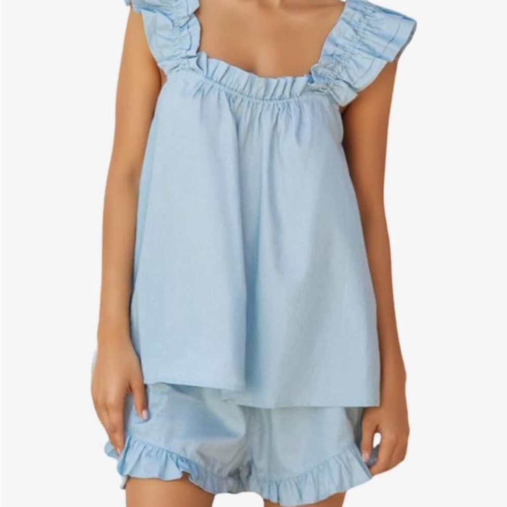 Ruffle-Trim Light Blue Pajama Set for Women